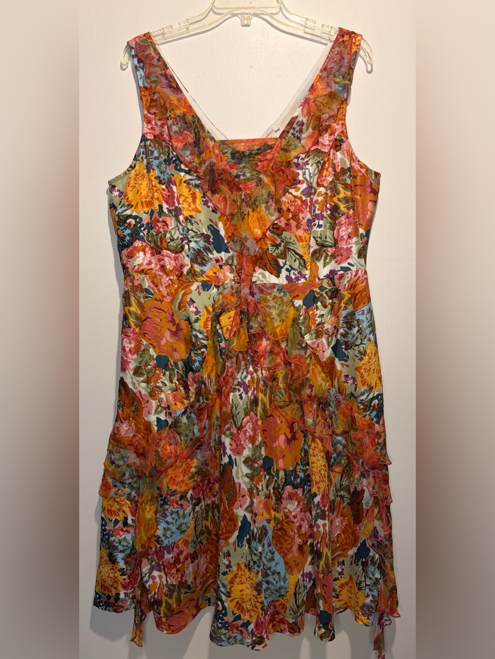 Sundance 100% Silk Vibrant Floral Ruffle Lace Sleeveless Dress Size 14
